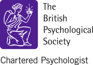 The british Psychological society logo, purple square with a line drawing of the Goddess Psyche