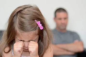 Coloured image of a young girl crying her hands in fists near her eyes and a man sat in the background with his arms folded across his chest